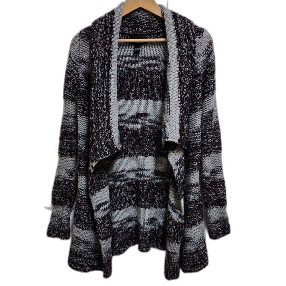 Cynthia Rowley Black Gray Wool Blend Knit Shawl Striped Cardigan Sweater Size L